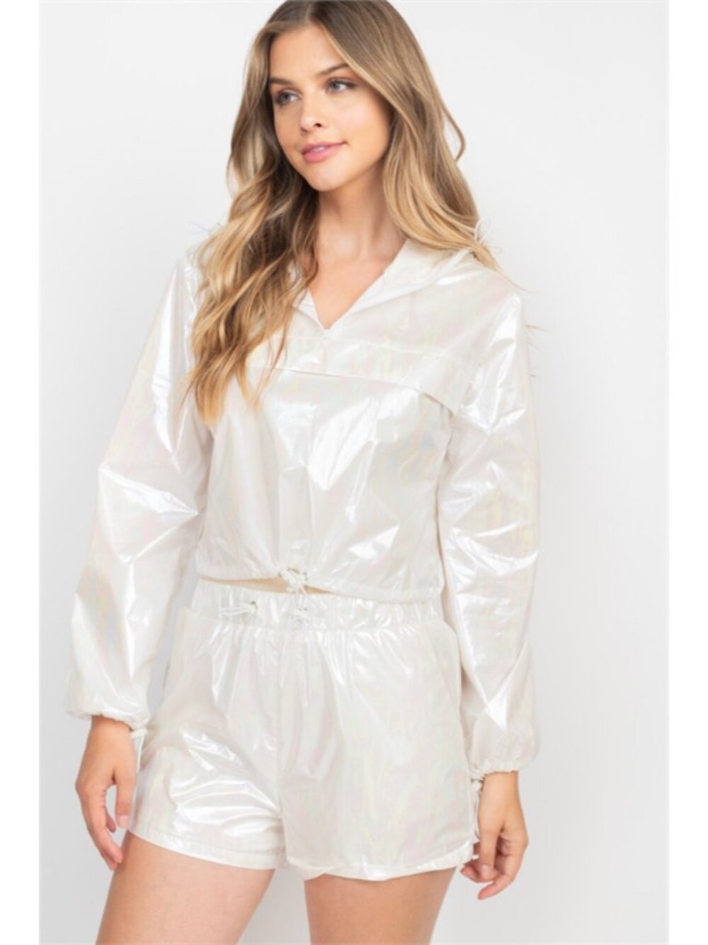 White Iridescent Metallic Windbreaker Short Set Size S or L
